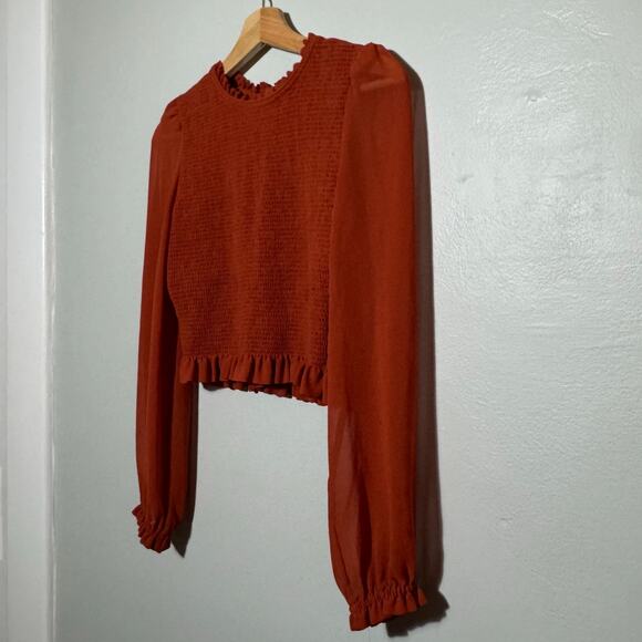 Women's Size M Wilfred Aritzia Tempest Blouse Orange Smocked Long Sleeve Chiffon - Picture 4 of 7